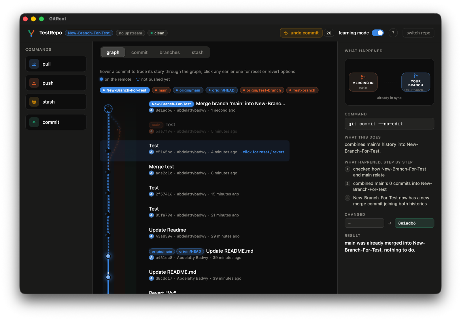 the menu that opens on a clicked commit